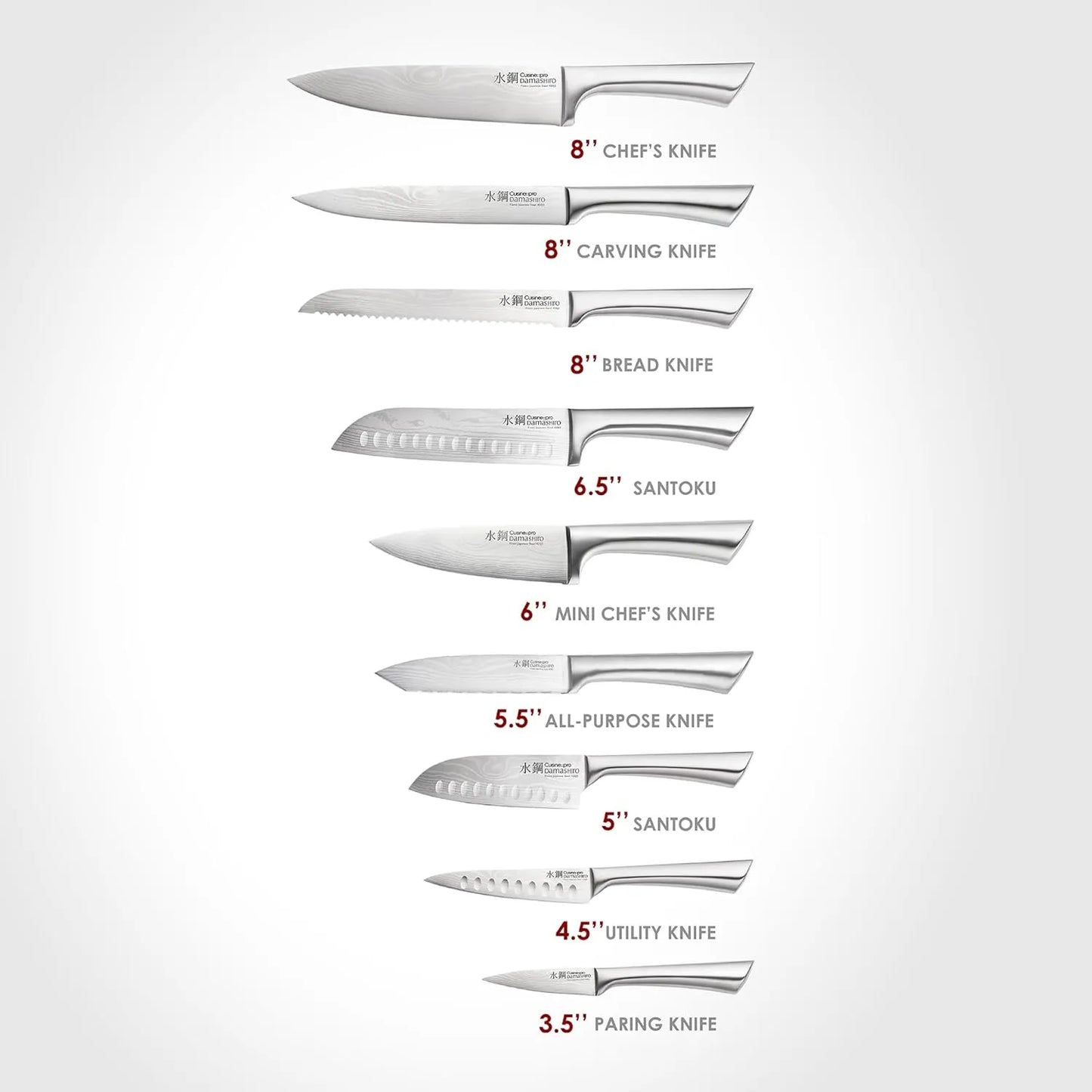 Cuisine::pro Damashiro Knife Block (Hiryu, 10-Piece Set) - Premium Japanese Steel Knife Set with Acacia Wood Block & Tempered Glass Window - Damascus-Inspired Blade