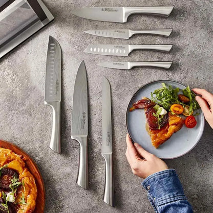 Cuisine::pro Damashiro Knife Block (Hiryu, 10-Piece Set) - Premium Japanese Steel Knife Set with Acacia Wood Block & Tempered Glass Window - Damascus-Inspired Blade
