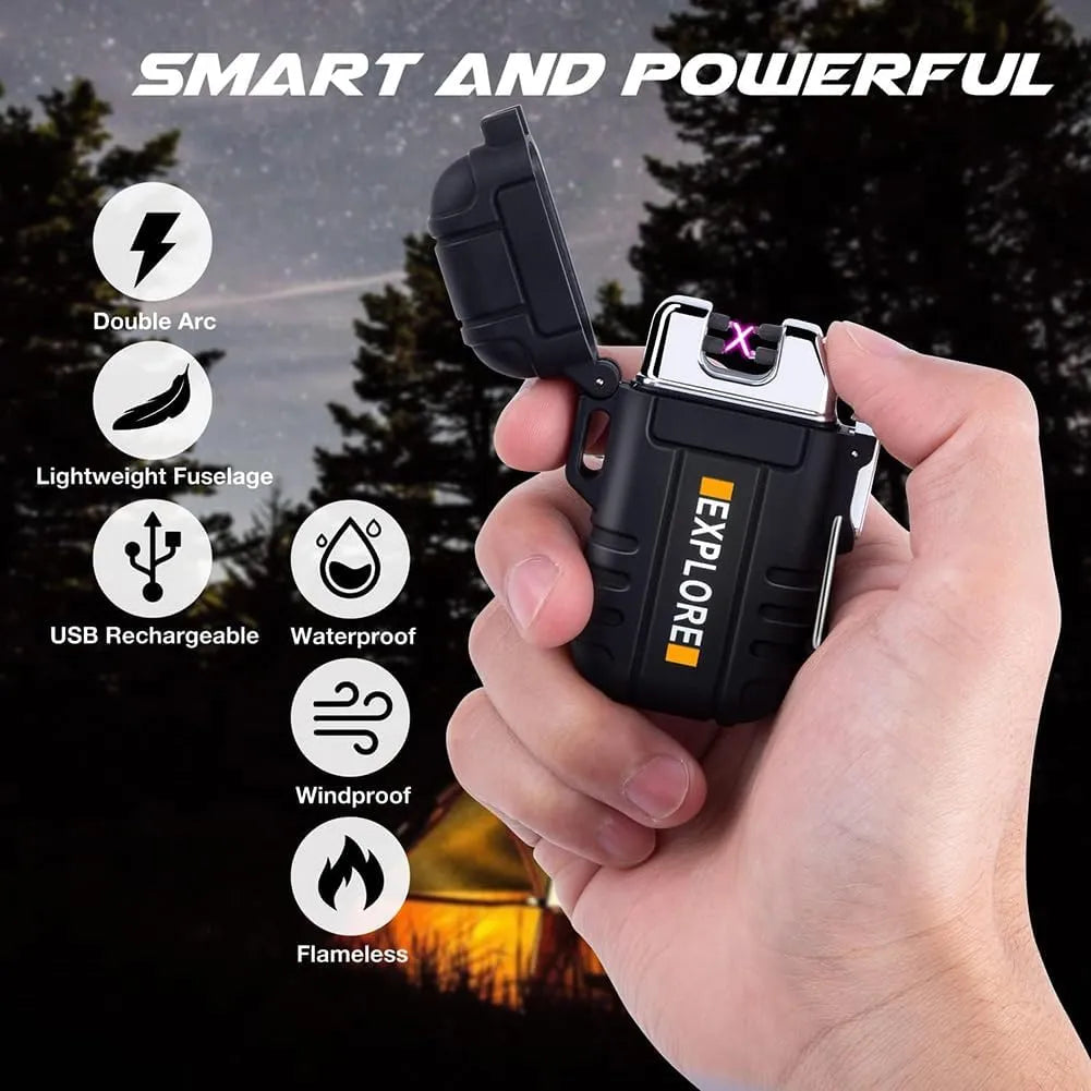 LcFun Electric Dual Arc Lighter USB Rechargeable Outdoor Windproof Flameless Plasma Lighters for Camping, Hiking, Waterproof Matches Survival Tactical Gear Birthday Gifts for Men