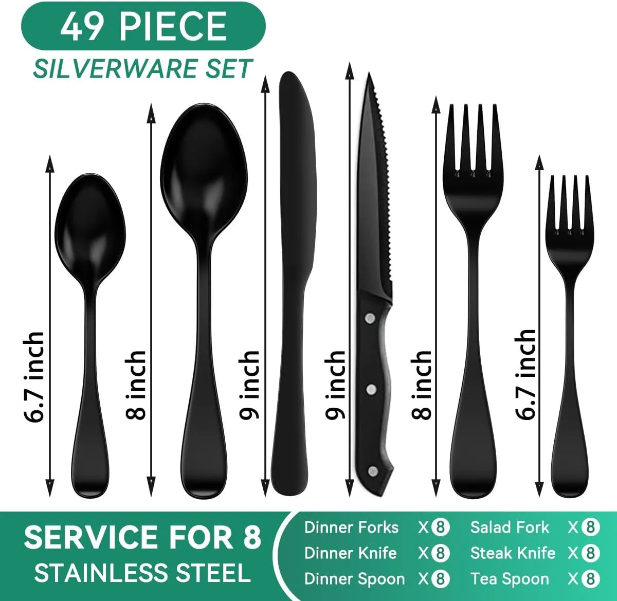 49-Piece Silverware Set with Organizer, Stainless Steel Flatware Utensils Set for 8, Forks and Spoons Silverware Set Cutlery Set with Steak Knives, Dishwasher Safe