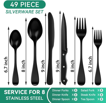 49-Piece Silverware Set with Organizer, Stainless Steel Flatware Utensils Set for 8, Forks and Spoons Silverware Set Cutlery Set with Steak Knives, Dishwasher Safe