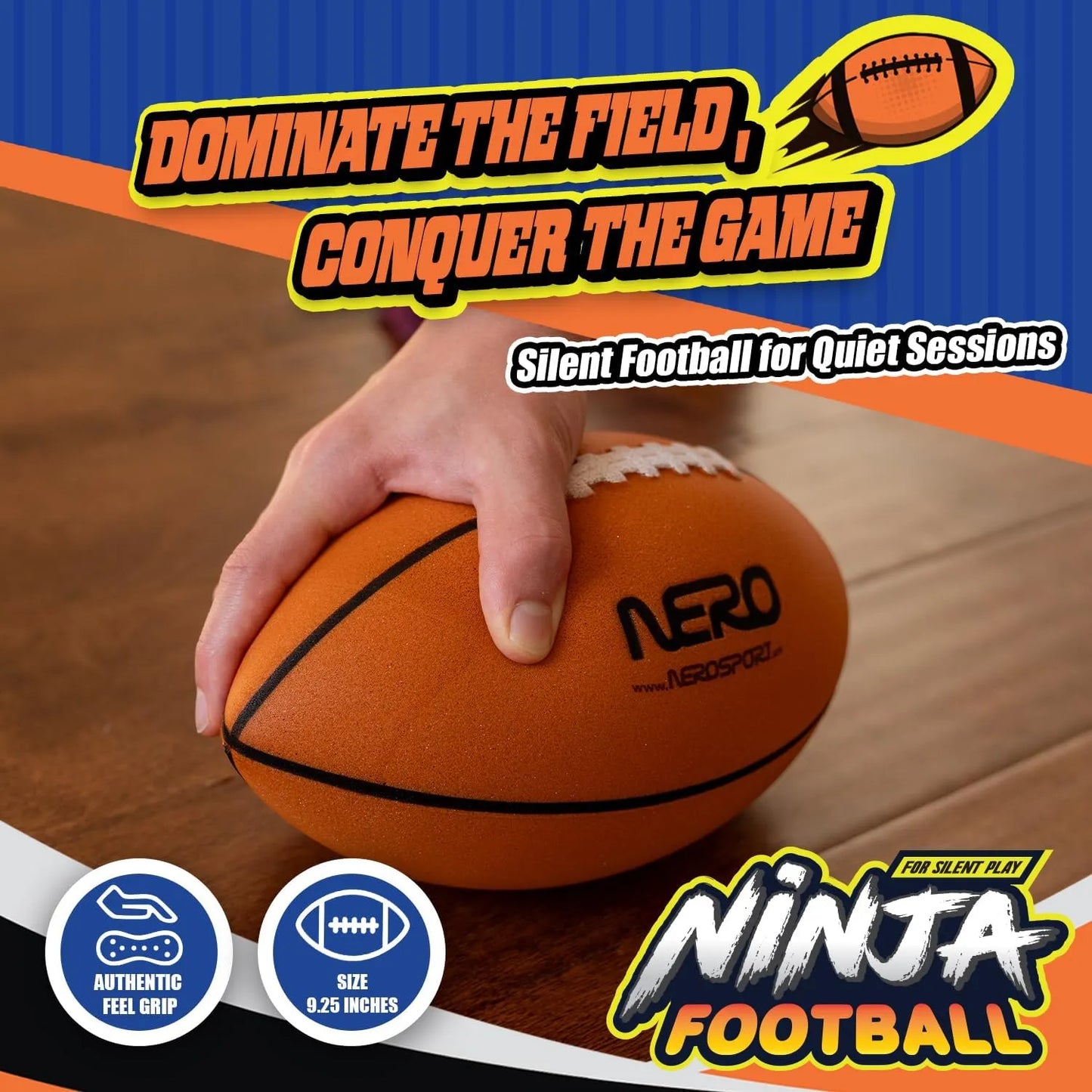NERO SPORT Ninja Silent Football, Quiet Foam Football for Indoor & Outdoor Play, Soft Sound-Absorbing Design, Easy-Grip Textured Surface with Raised Laces, Lightweight Training & Family Fun