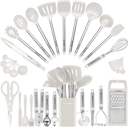 Kitchen Utensil Set-Silicone Cooking Utensils-33 Kitchen Gadgets & Spoons for Nonstick Cookware-Silicone and Stainless Steel Spatula Set-Best Kitchen Tools, Useful Pots and Pans Accessories