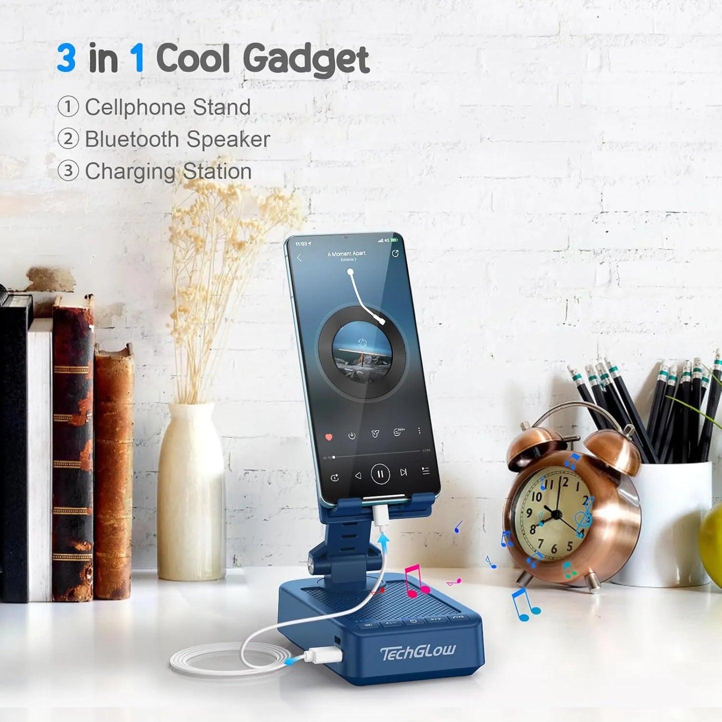 TechGlow Foldable Cellphone Stand with Bluetooth Speaker Charging Function 360° Rotatable Phone Stand Birthday Gifts for Men Women Mother Father Cool Tech Gadgets
