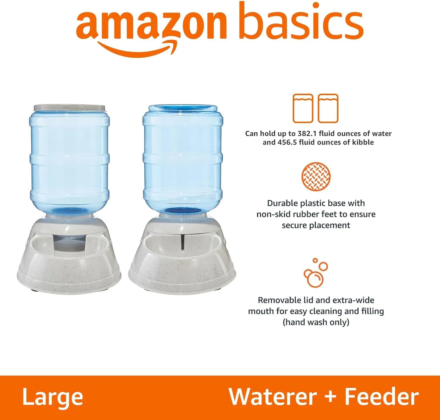 Amazon Basics Automatic Pet Water Dispenser and Gravity Food Feeder Set for Cat and Dog, Easy to Clean, 6-Pound Food Capacity, 1-Gallon, Small, Gray, Pack of 2