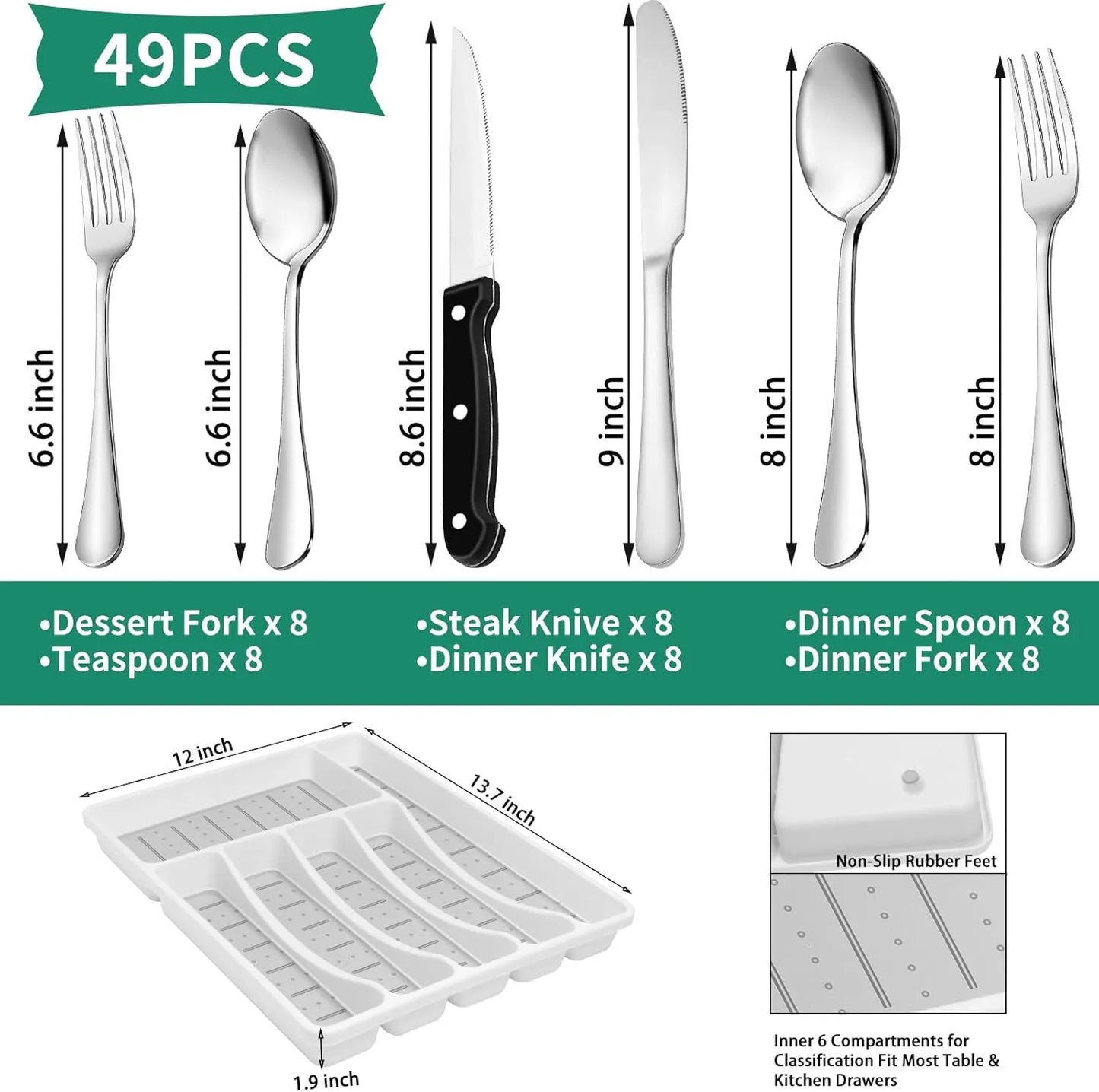 49-Piece Silverware Set with Organizer, Stainless Steel Flatware Utensils Set for 8, Forks and Spoons Silverware Set Cutlery Set with Steak Knives, Dishwasher Safe