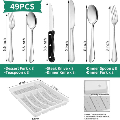49-Piece Silverware Set with Organizer, Stainless Steel Flatware Utensils Set for 8, Forks and Spoons Silverware Set Cutlery Set with Steak Knives, Dishwasher Safe