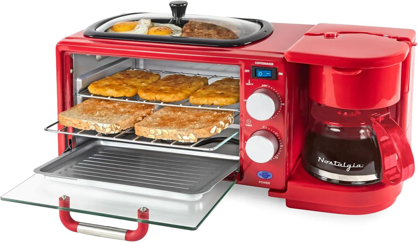 Nostalgia 3-in-1 Retro Breakfast Station - Includes 5 (4 Oz) Cup Coffee Maker, Non-Stick Ceramic Griddle, and 4-Slice Toaster Oven - Built-In Timer, Reusable Coffee Filter, Space-Saving Design