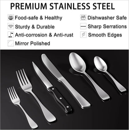 49-Piece Silverware Set with Organizer, Stainless Steel Flatware Utensils Set for 8, Forks and Spoons Silverware Set Cutlery Set with Steak Knives, Dishwasher Safe