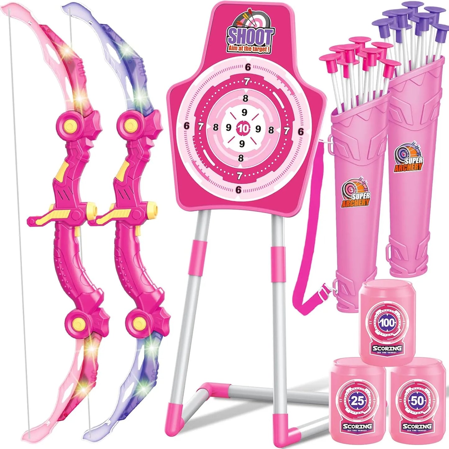 GMAOPHY 2 Pack Bow and Arrow Toy for 5 6 7 8 9 10 11 12 Year Old Boys, Birthday for Kids, Indoor Outdoor Sport Games Toys for Ages 4-8 8-12, LED Light Up Archery Set with 20 Suction Cup Arrows