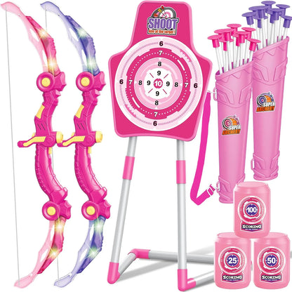 GMAOPHY 2 Pack Bow and Arrow Toy for 5 6 7 8 9 10 11 12 Year Old Boys, Birthday for Kids, Indoor Outdoor Sport Games Toys for Ages 4-8 8-12, LED Light Up Archery Set with 20 Suction Cup Arrows