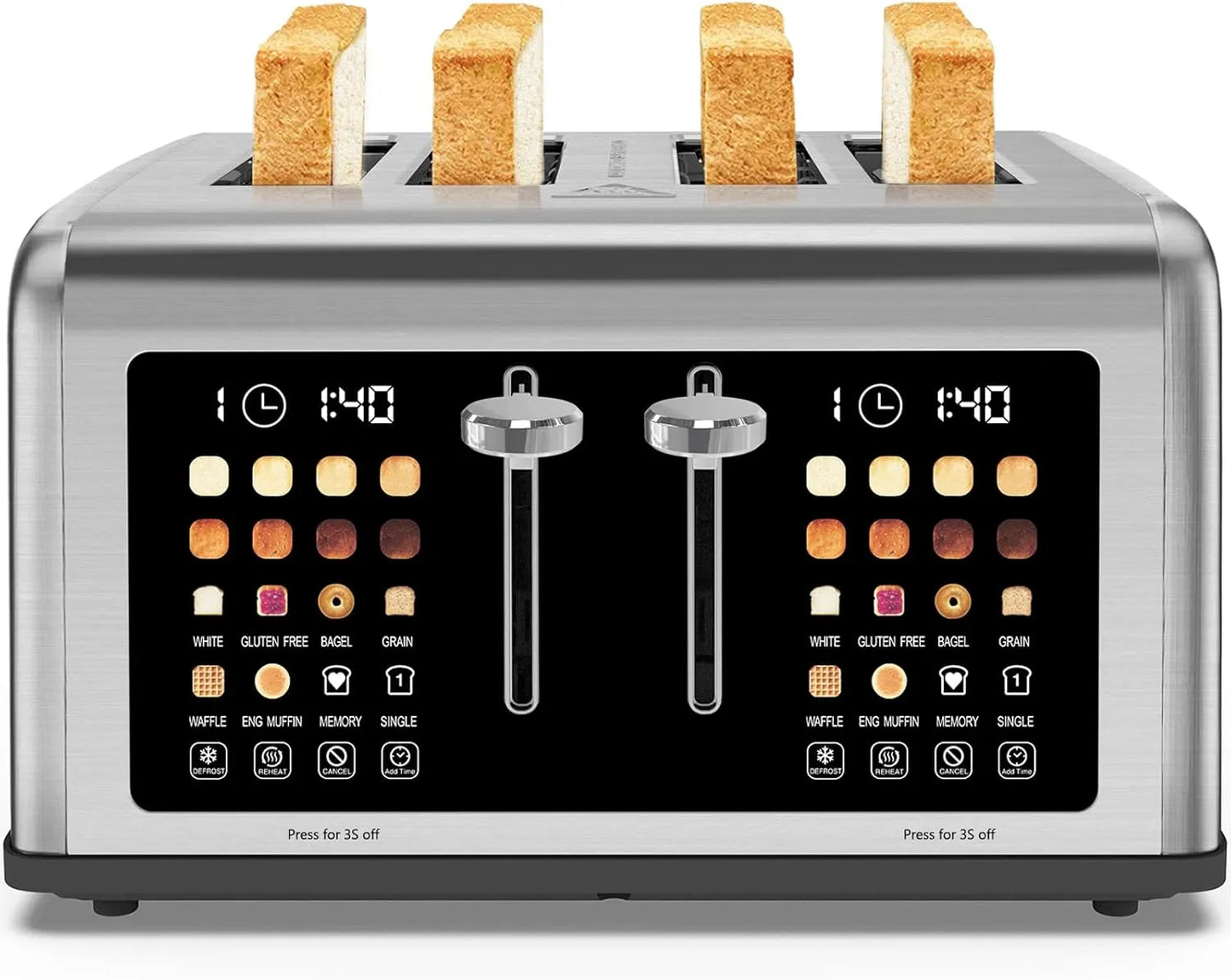 4 Slice Toaster Touch Screen, Stainless Steel Toasters Digital Timer, Dual Control Panel Toasters, 8 Shade Settings 6 Bread Types for Bagel, Cancel, Defrost 1650W Black