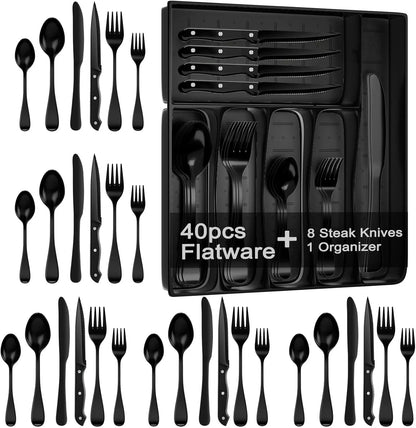 49-Piece Silverware Set with Organizer, Stainless Steel Flatware Utensils Set for 8, Forks and Spoons Silverware Set Cutlery Set with Steak Knives, Dishwasher Safe