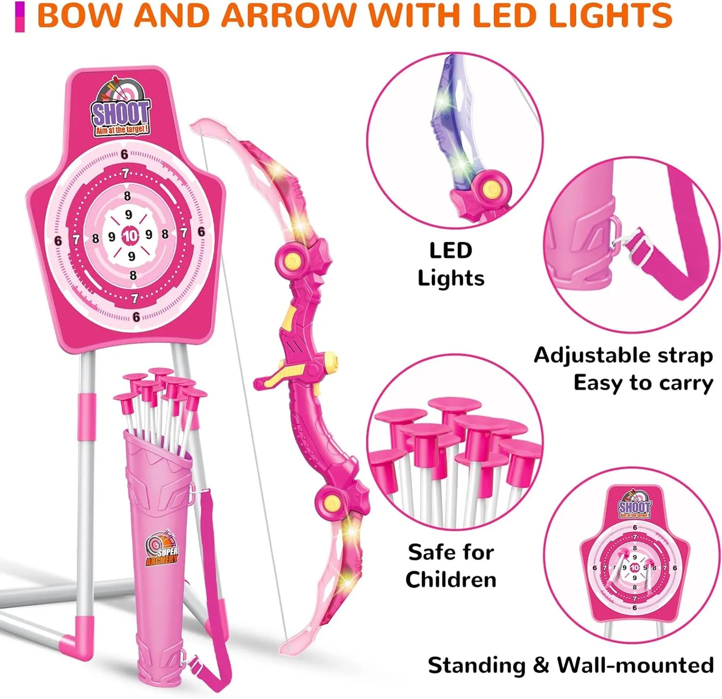 GMAOPHY 2 Pack Bow and Arrow Toy for 5 6 7 8 9 10 11 12 Year Old Boys, Birthday for Kids, Indoor Outdoor Sport Games Toys for Ages 4-8 8-12, LED Light Up Archery Set with 20 Suction Cup Arrows