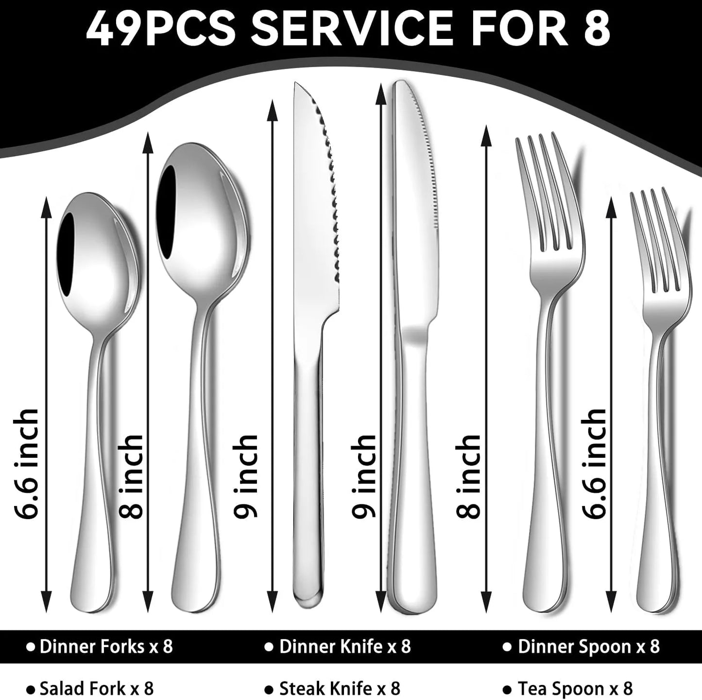 49-Piece Silverware Set with Organizer, Stainless Steel Flatware Utensils Set for 8, Forks and Spoons Silverware Set Cutlery Set with Steak Knives, Dishwasher Safe