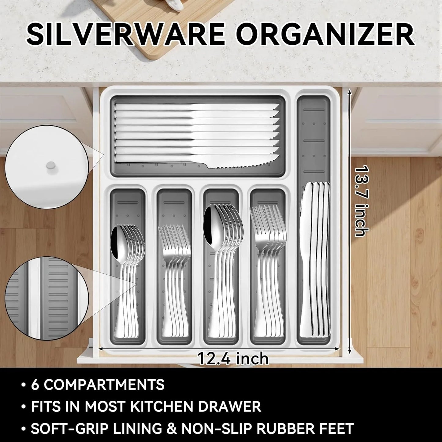 49-Piece Silverware Set with Organizer, Stainless Steel Flatware Utensils Set for 8, Forks and Spoons Silverware Set Cutlery Set with Steak Knives, Dishwasher Safe