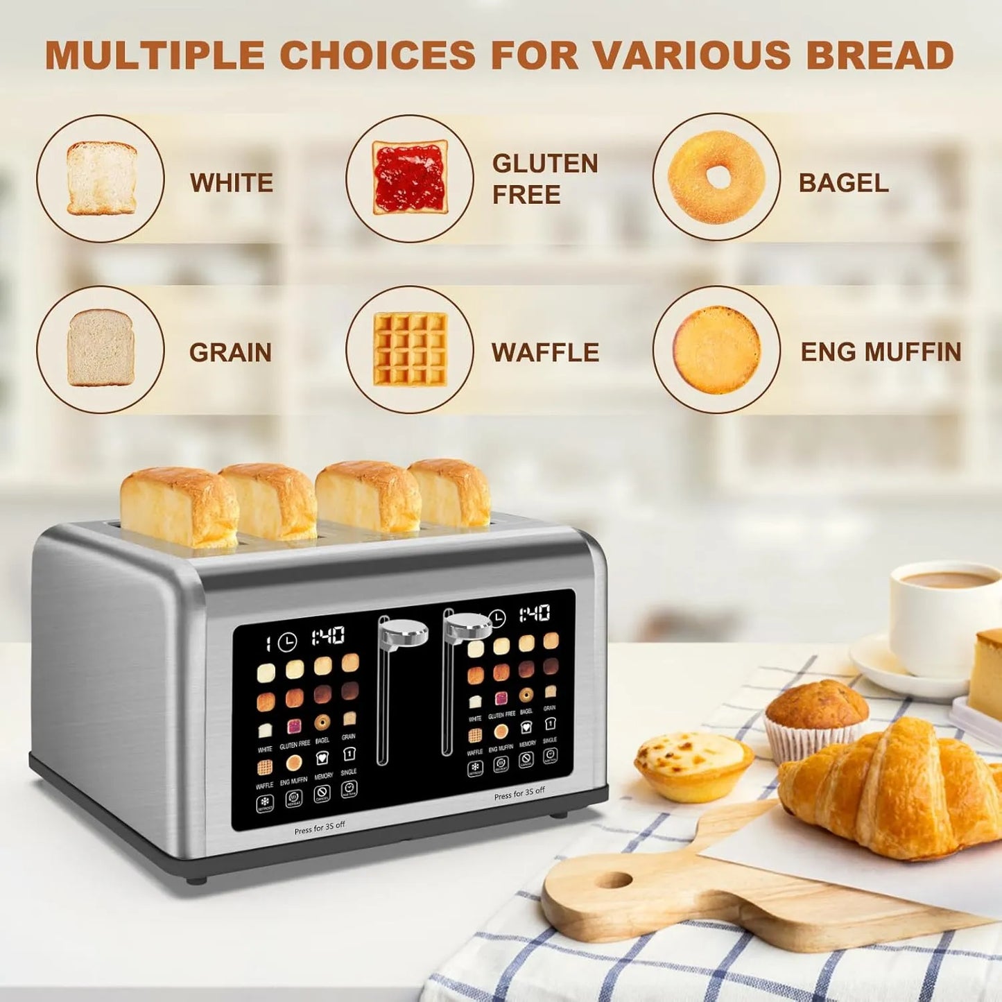 4 Slice Toaster Touch Screen, Stainless Steel Toasters Digital Timer, Dual Control Panel Toasters, 8 Shade Settings 6 Bread Types for Bagel, Cancel, Defrost 1650W Black