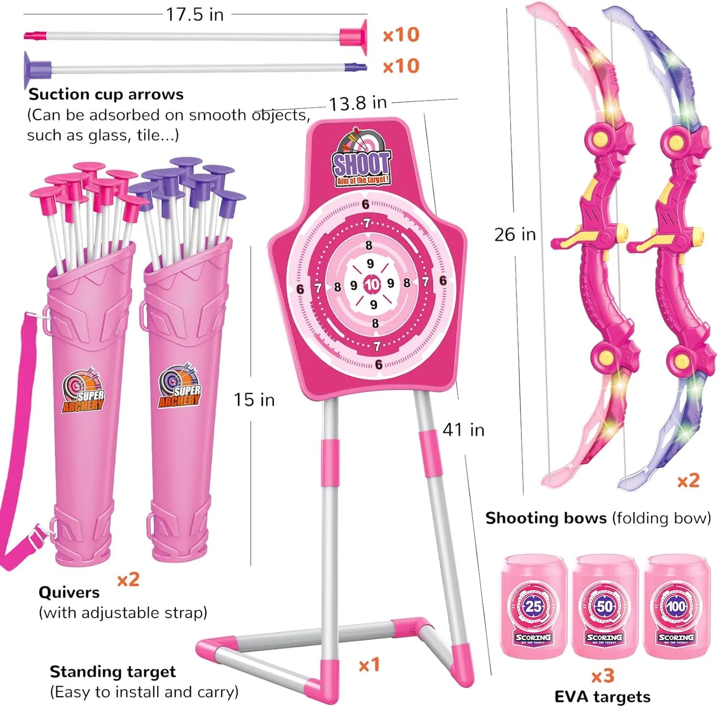 GMAOPHY 2 Pack Bow and Arrow Toy for 5 6 7 8 9 10 11 12 Year Old Boys, Birthday for Kids, Indoor Outdoor Sport Games Toys for Ages 4-8 8-12, LED Light Up Archery Set with 20 Suction Cup Arrows