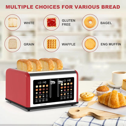4 Slice Toaster Touch Screen, Stainless Steel Toasters Digital Timer, Dual Control Panel Toasters, 8 Shade Settings 6 Bread Types for Bagel, Cancel, Defrost 1650W Black