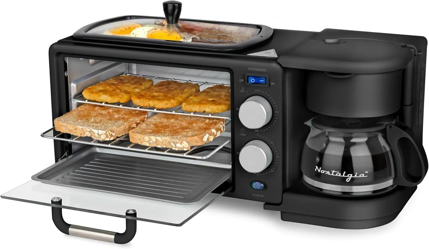 Nostalgia 3-in-1 Retro Breakfast Station - Includes 5 (4 Oz) Cup Coffee Maker, Non-Stick Ceramic Griddle, and 4-Slice Toaster Oven - Built-In Timer, Reusable Coffee Filter, Space-Saving Design