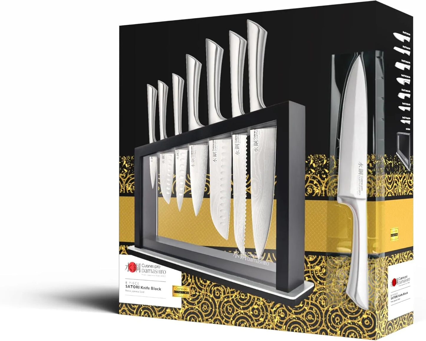 Cuisine::pro Damashiro Knife Block (Hiryu, 10-Piece Set) - Premium Japanese Steel Knife Set with Acacia Wood Block & Tempered Glass Window - Damascus-Inspired Blade