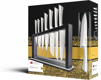 Cuisine::pro Damashiro Knife Block (Hiryu, 10-Piece Set) - Premium Japanese Steel Knife Set with Acacia Wood Block & Tempered Glass Window - Damascus-Inspired Blade