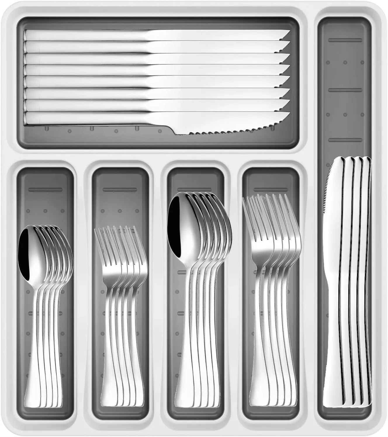 49-Piece Silverware Set with Organizer, Stainless Steel Flatware Utensils Set for 8, Forks and Spoons Silverware Set Cutlery Set with Steak Knives, Dishwasher Safe