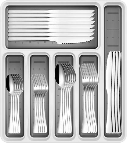 49-Piece Silverware Set with Organizer, Stainless Steel Flatware Utensils Set for 8, Forks and Spoons Silverware Set Cutlery Set with Steak Knives, Dishwasher Safe