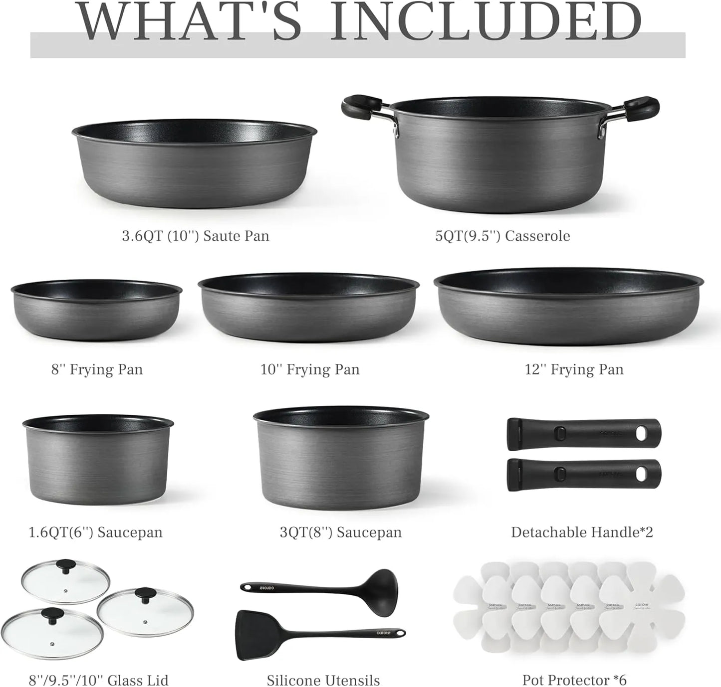CAROTE 19pcs Pots and Pans Set, Nonstick Cookware Set Detachable Handle, Induction Kitchen Cookware Sets Non Stick with Removable Handle, RV Cookware Set, Oven Safe