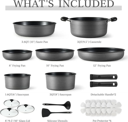 CAROTE 19pcs Pots and Pans Set, Nonstick Cookware Set Detachable Handle, Induction Kitchen Cookware Sets Non Stick with Removable Handle, RV Cookware Set, Oven Safe