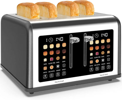 4 Slice Toaster Touch Screen, Stainless Steel Toasters Digital Timer, Dual Control Panel Toasters, 8 Shade Settings 6 Bread Types for Bagel, Cancel, Defrost 1650W Black
