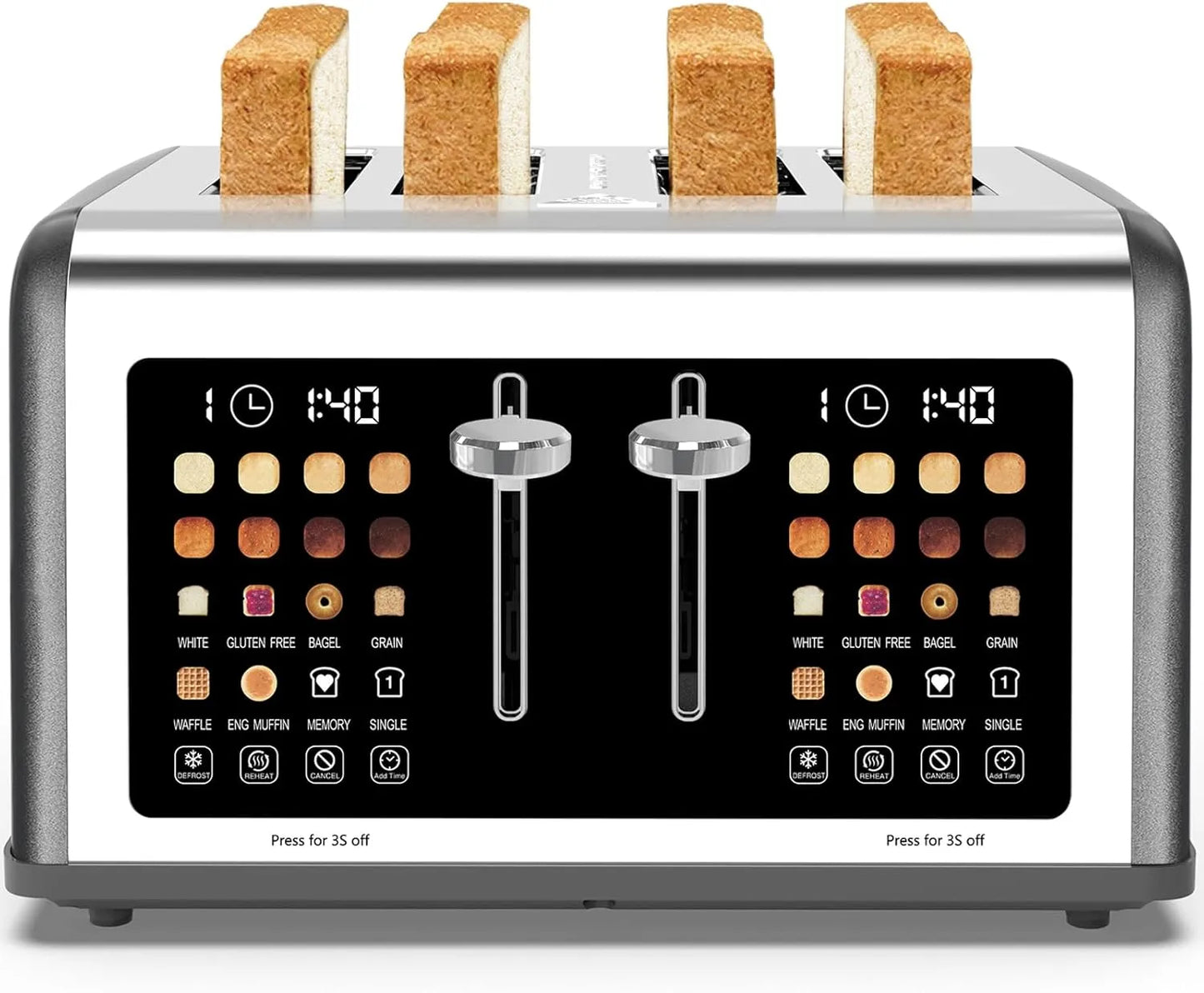 4 Slice Toaster Touch Screen, Stainless Steel Toasters Digital Timer, Dual Control Panel Toasters, 8 Shade Settings 6 Bread Types for Bagel, Cancel, Defrost 1650W Black