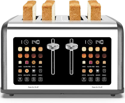 4 Slice Toaster Touch Screen, Stainless Steel Toasters Digital Timer, Dual Control Panel Toasters, 8 Shade Settings 6 Bread Types for Bagel, Cancel, Defrost 1650W Black