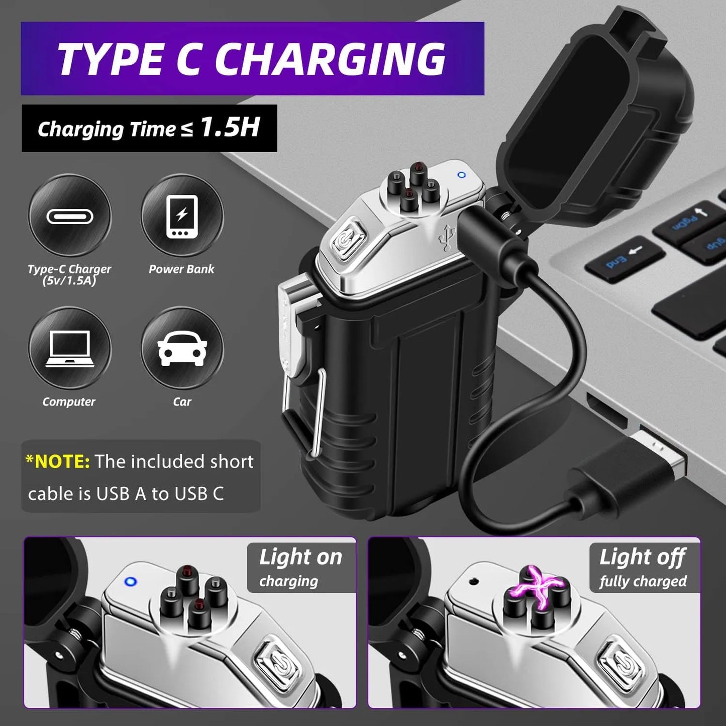 LcFun Electric Dual Arc Lighter USB Rechargeable Outdoor Windproof Flameless Plasma Lighters for Camping, Hiking, Waterproof Matches Survival Tactical Gear Birthday Gifts for Men