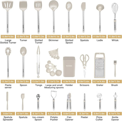 Kitchen Utensil Set-Silicone Cooking Utensils-33 Kitchen Gadgets & Spoons for Nonstick Cookware-Silicone and Stainless Steel Spatula Set-Best Kitchen Tools, Useful Pots and Pans Accessories