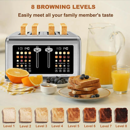 4 Slice Toaster Touch Screen, Stainless Steel Toasters Digital Timer, Dual Control Panel Toasters, 8 Shade Settings 6 Bread Types for Bagel, Cancel, Defrost 1650W Black