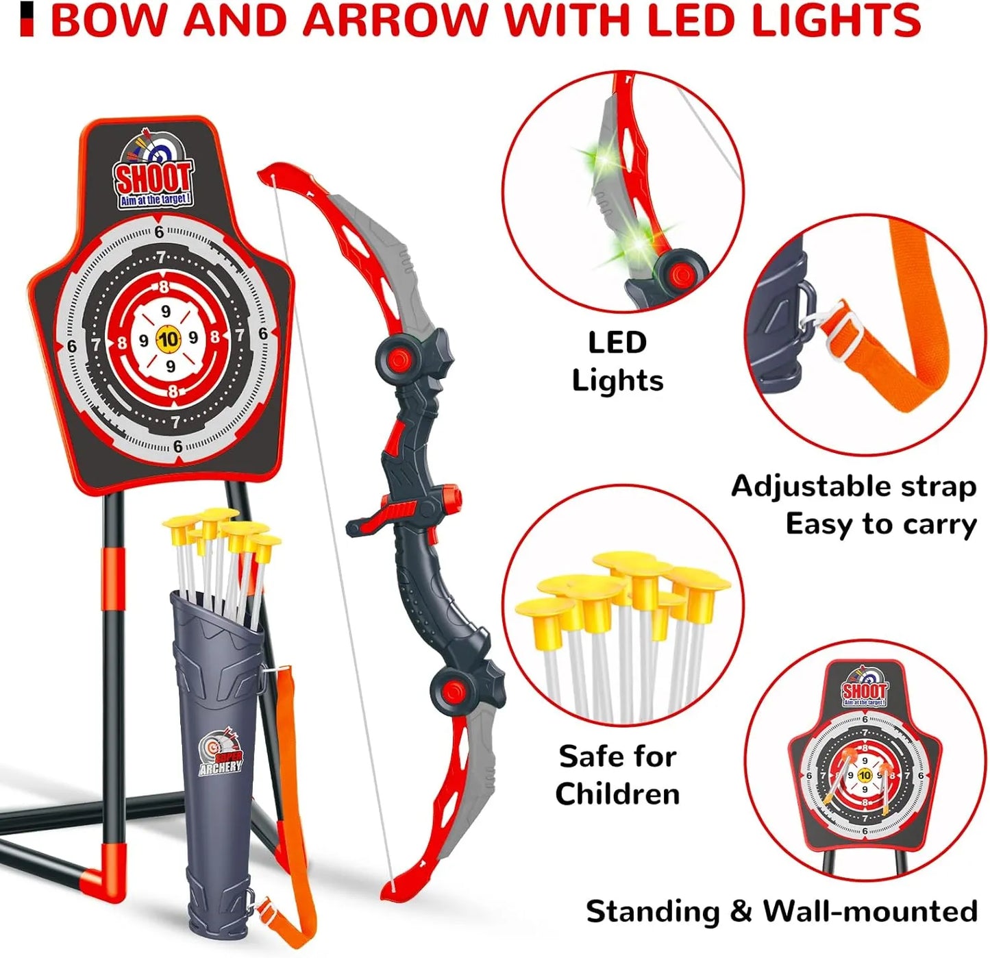 GMAOPHY 2 Pack Bow and Arrow Toy for 5 6 7 8 9 10 11 12 Year Old Boys, Birthday for Kids, Indoor Outdoor Sport Games Toys for Ages 4-8 8-12, LED Light Up Archery Set with 20 Suction Cup Arrows