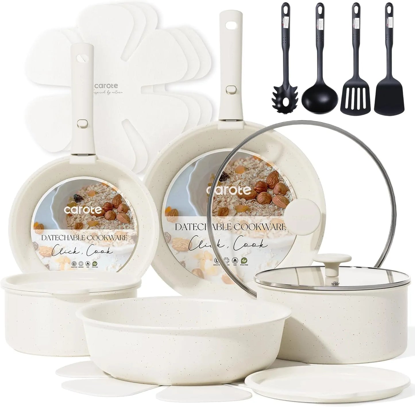 CAROTE 19pcs Pots and Pans Set, Nonstick Cookware Set Detachable Handle, Induction Kitchen Cookware Sets Non Stick with Removable Handle, RV Cookware Set, Oven Safe