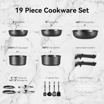 CAROTE 19pcs Pots and Pans Set, Nonstick Cookware Set Detachable Handle, Induction Kitchen Cookware Sets Non Stick with Removable Handle, RV Cookware Set, Oven Safe