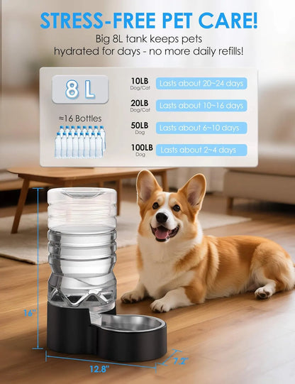 Heouvo 2.5 Gallon Automatic Dog Water Dispenser【Wide Mouth for Easy Hand-in Cleaning】【Removable Stainless Steel Bowl】, Gravity Refilling Large Capacity for Cats and Dogs, Multi-Pet Homes
