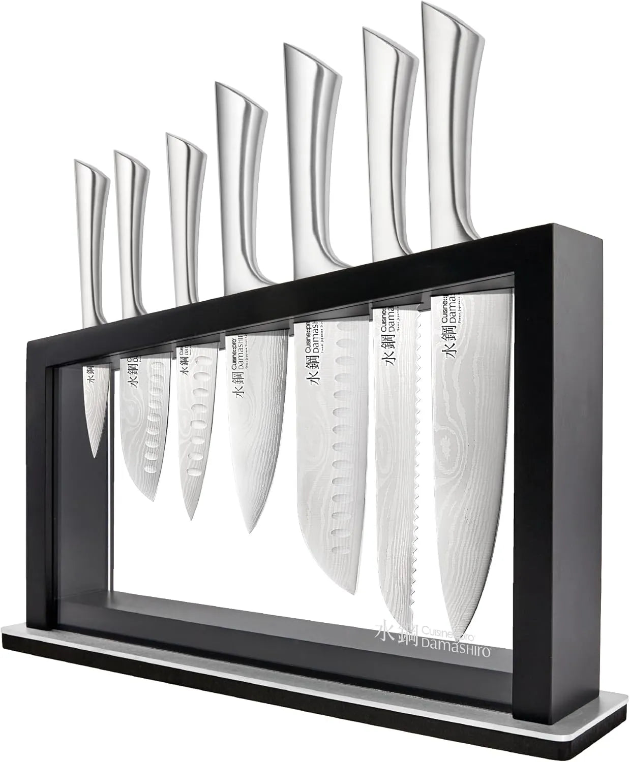 Cuisine::pro Damashiro Knife Block (Hiryu, 10-Piece Set) - Premium Japanese Steel Knife Set with Acacia Wood Block & Tempered Glass Window - Damascus-Inspired Blade