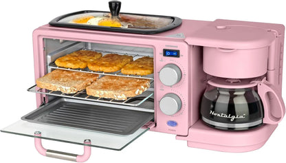 Nostalgia 3-in-1 Retro Breakfast Station - Includes 5 (4 Oz) Cup Coffee Maker, Non-Stick Ceramic Griddle, and 4-Slice Toaster Oven - Built-In Timer, Reusable Coffee Filter, Space-Saving Design