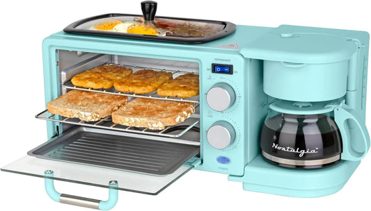 Nostalgia 3-in-1 Retro Breakfast Station - Includes 5 (4 Oz) Cup Coffee Maker, Non-Stick Ceramic Griddle, and 4-Slice Toaster Oven - Built-In Timer, Reusable Coffee Filter, Space-Saving Design