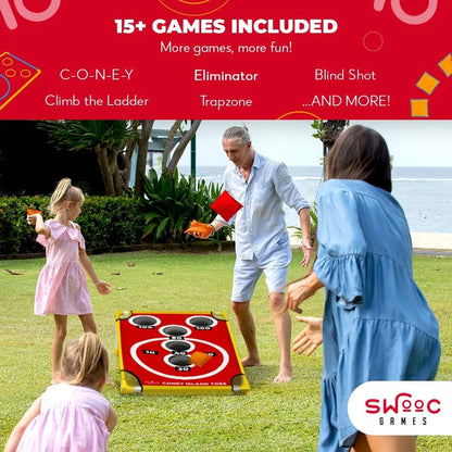 Swooc Games - Coney Island Toss™ - Arcade Style Cornhole Board Set w/Carrying Case & 15+ Games - Corn Hole Games for Adults - Kids Bean Bag Toss Game - Kids Cornhole Set w/Bags - Outdoor Yard Games