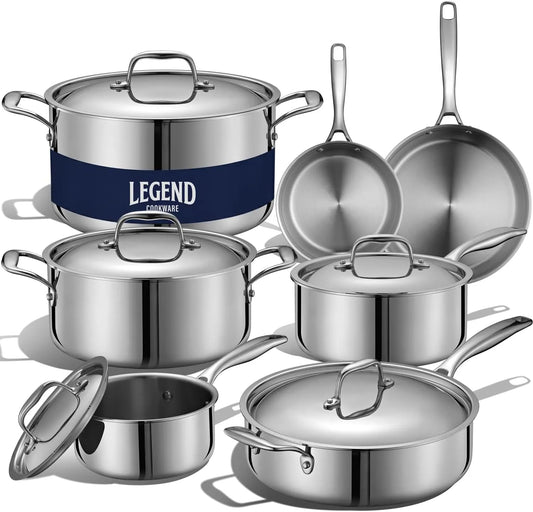 LEGEND COOKWARE 5-Ply Stainless Steel Cookware Set, 14-Piece Pots and Pans Set - Induction Compatible, Oven Safe 800°F - Non-Toxic, No Coatings - Built to Last Generations