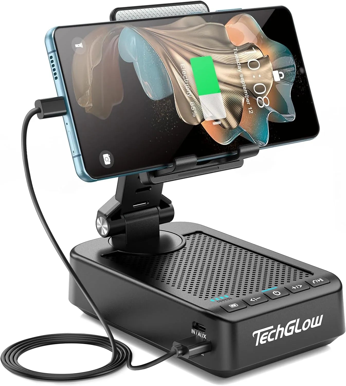 TechGlow Foldable Cellphone Stand with Bluetooth Speaker Charging Function 360° Rotatable Phone Stand Birthday Gifts for Men Women Mother Father Cool Tech Gadgets