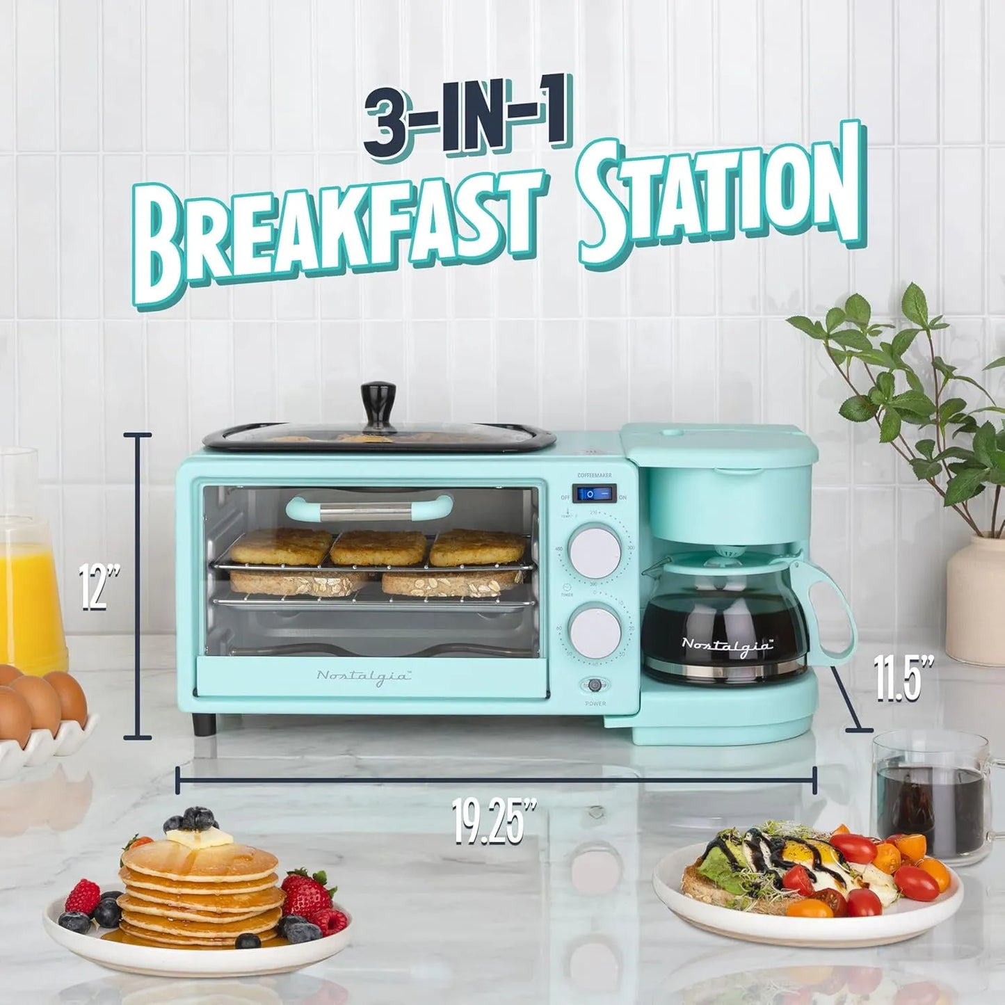 Nostalgia 3-in-1 Retro Breakfast Station - Includes 5 (4 Oz) Cup Coffee Maker, Non-Stick Ceramic Griddle, and 4-Slice Toaster Oven - Built-In Timer, Reusable Coffee Filter, Space-Saving Design