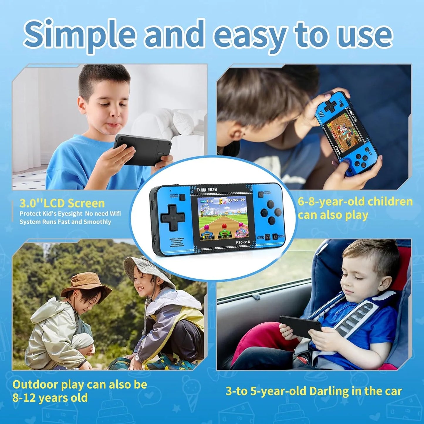 Handheld Game for Kids -Preloaded 220 Retro Video Games, Portable Gaming Player with Rechargeable Battery 3.0" LCD Screen, Mini Arcade Electronic Toy Gifts for Boys Girls