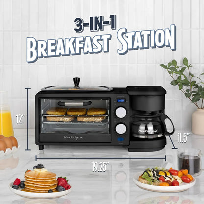 Nostalgia 3-in-1 Retro Breakfast Station - Includes 5 (4 Oz) Cup Coffee Maker, Non-Stick Ceramic Griddle, and 4-Slice Toaster Oven - Built-In Timer, Reusable Coffee Filter, Space-Saving Design