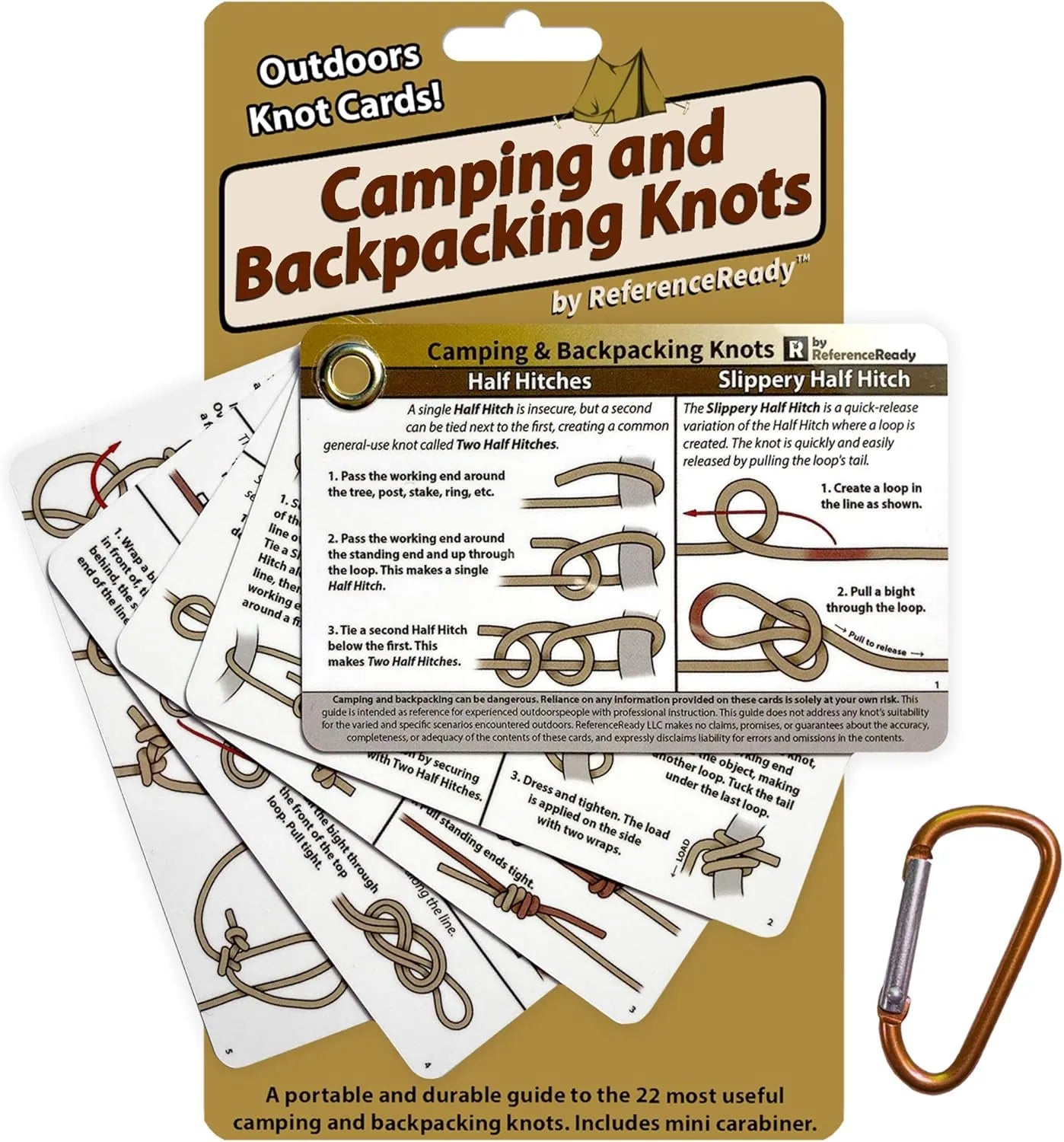 ReferenceReady Outdoor Knots Pocket Guide - Waterproof Knot Tying Cards with Mini Carabiner, 22 Rope Knots for Camping, Backpacking, Scouting and Wilderness Survival